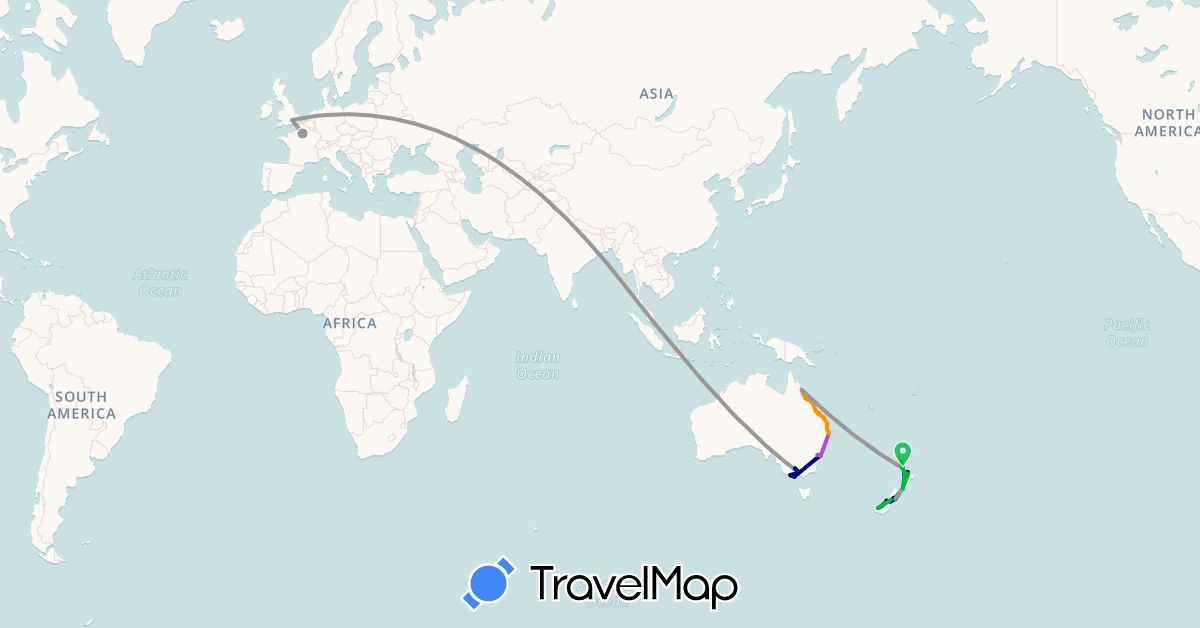 TravelMap itinerary: driving, bus, plane, train, hitchhiking in Australia, France, United Kingdom, New Zealand, Singapore (Asia, Europe, Oceania)